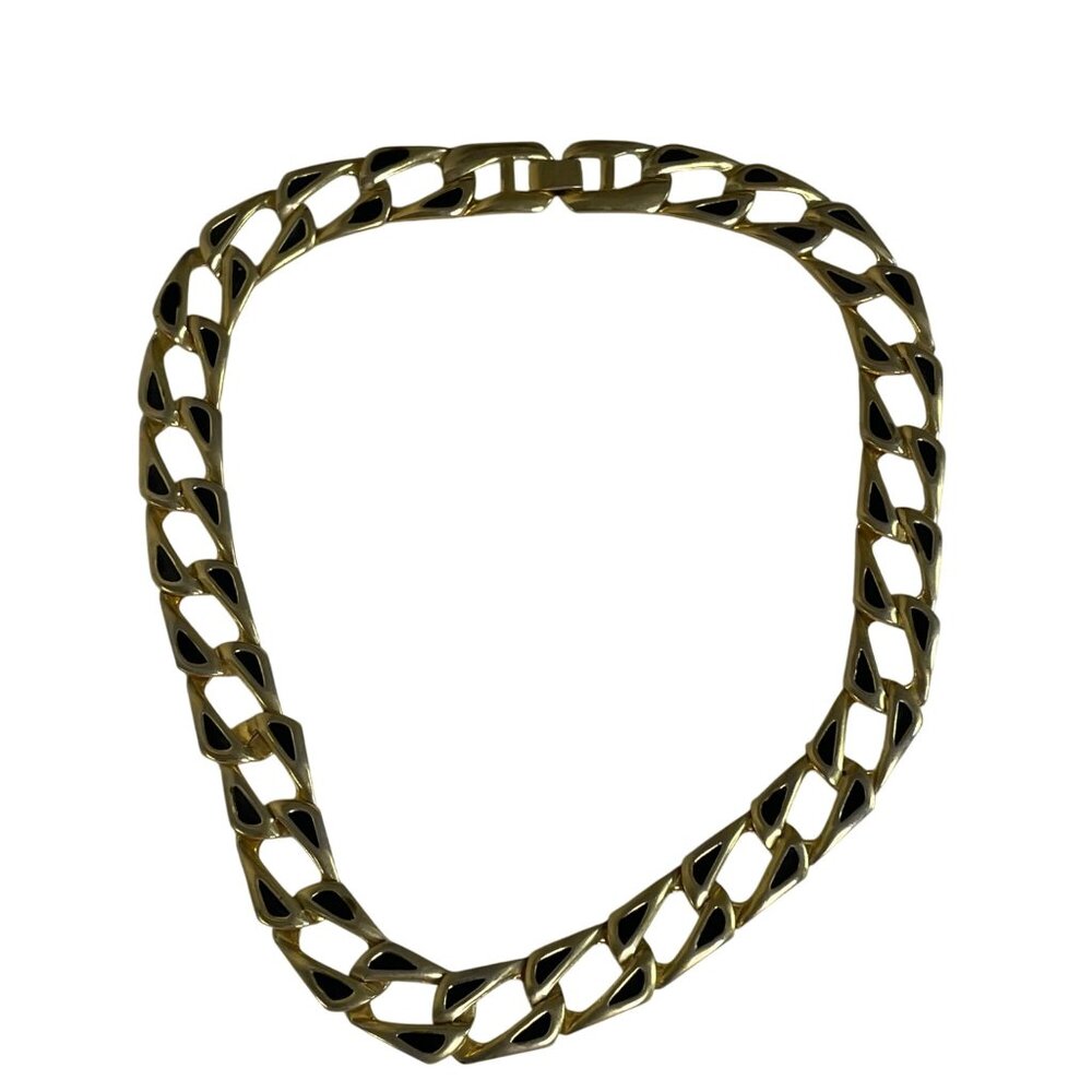 Vintage Gold Tone Chain Link Choker Necklace Black Enamel Accents u 80s